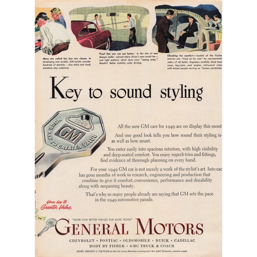 Vintage 1949 General Motors GM Key to Sound Styling Magazine Print Ad 10.5x7